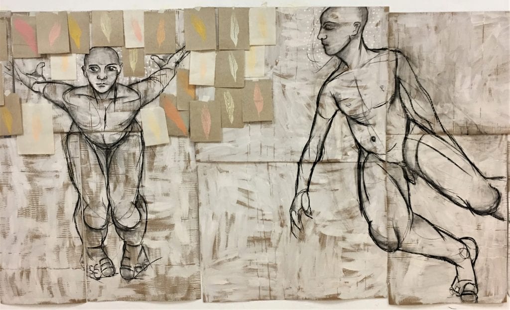 Tectonic dance, charcoal on cardboard. about: 200x600 cm