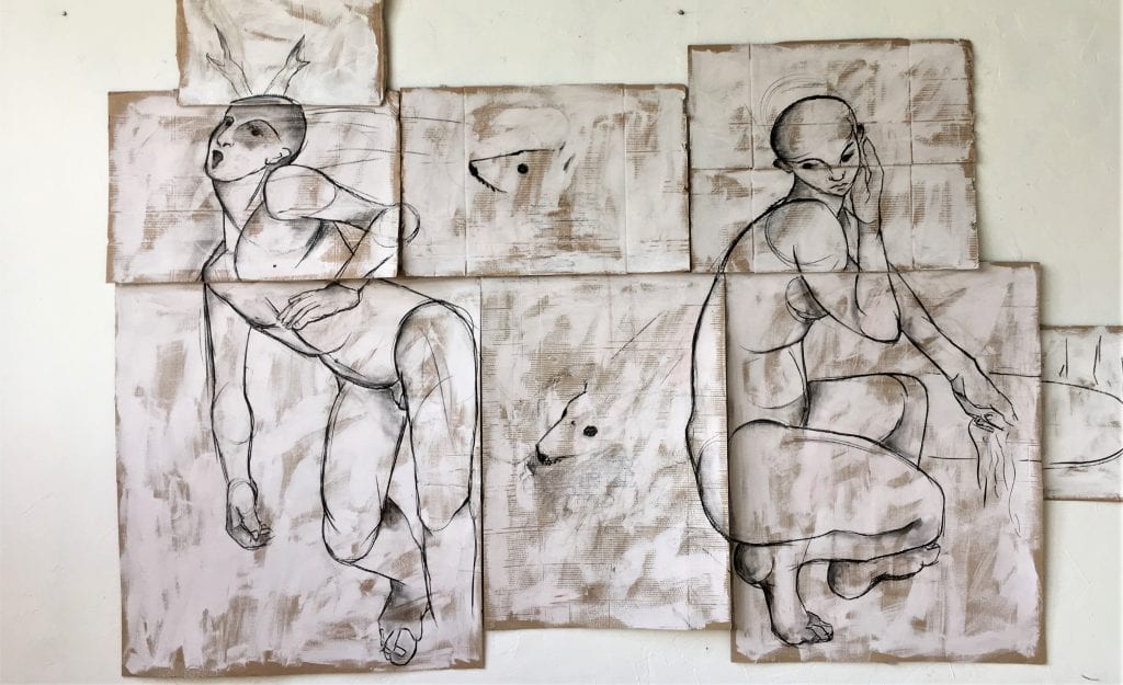 Metamorphosis, Aktæon and Diana
Charcoal on Cardbord. 
About 200x300 cm